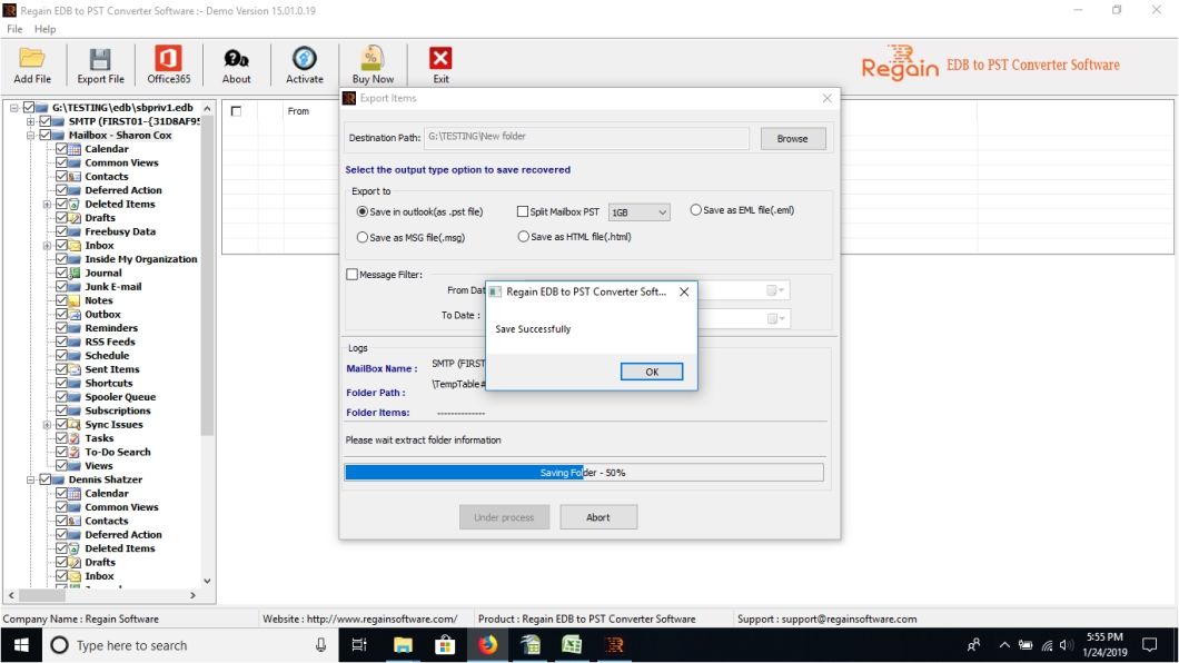Successfully save EDB file to Outlook PST at destination location